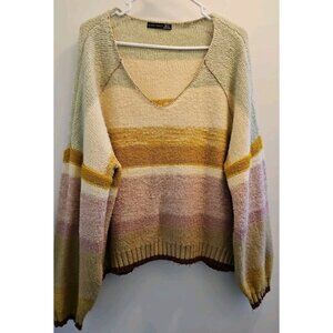 Black Tape Women Fairy Striped Henley Puffer Sleeve V-Neck Sweater Sz XL